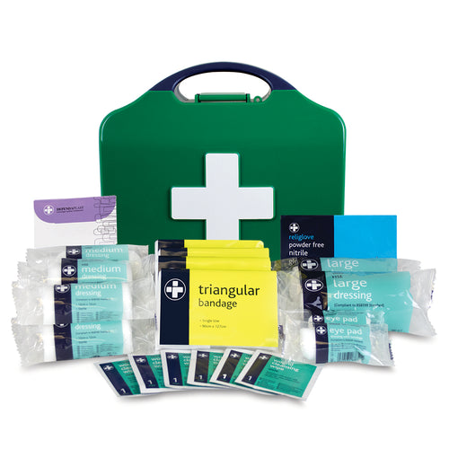 HSE 10 Person workplace first aid kit with bandages and dressings in green box