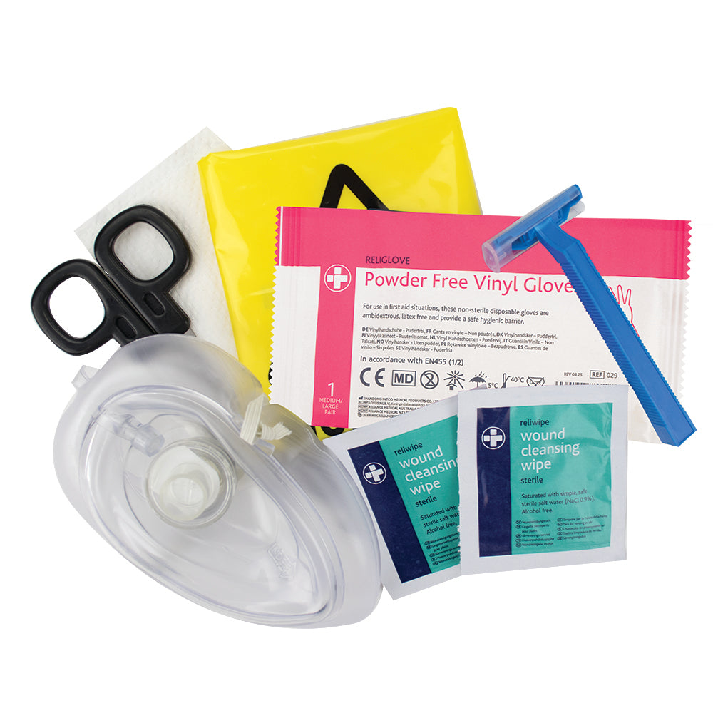 AED prep kit for use with defibrillator and CPR in emergency situations, including shears, razor, resuscitation shield and gloves