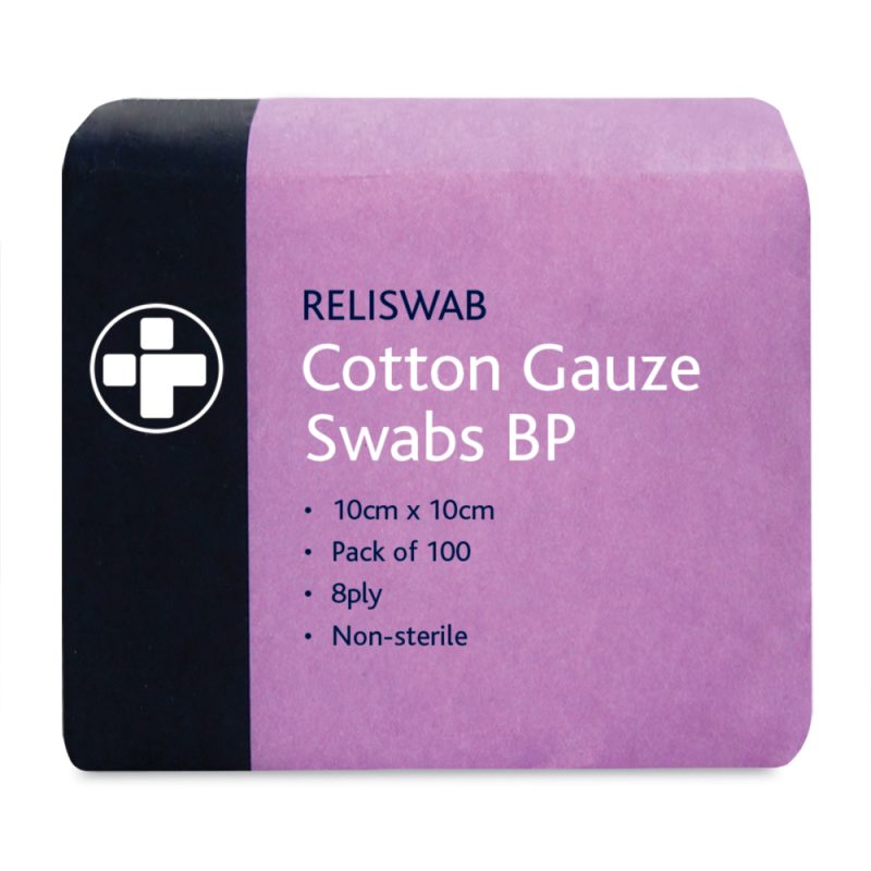 Reliswab Cotton Gauze Swabs BP – 8 Ply – 10cm x 10cm – Pack of 100