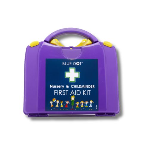 Blue Dot Child Minder and Nursery First Aid Kit in purple box with bandages, gloves, dressings