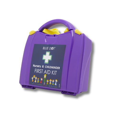 Blue Dot Child Minder and Nursery First Aid Kit in purple box with bandages, dressings, gloves