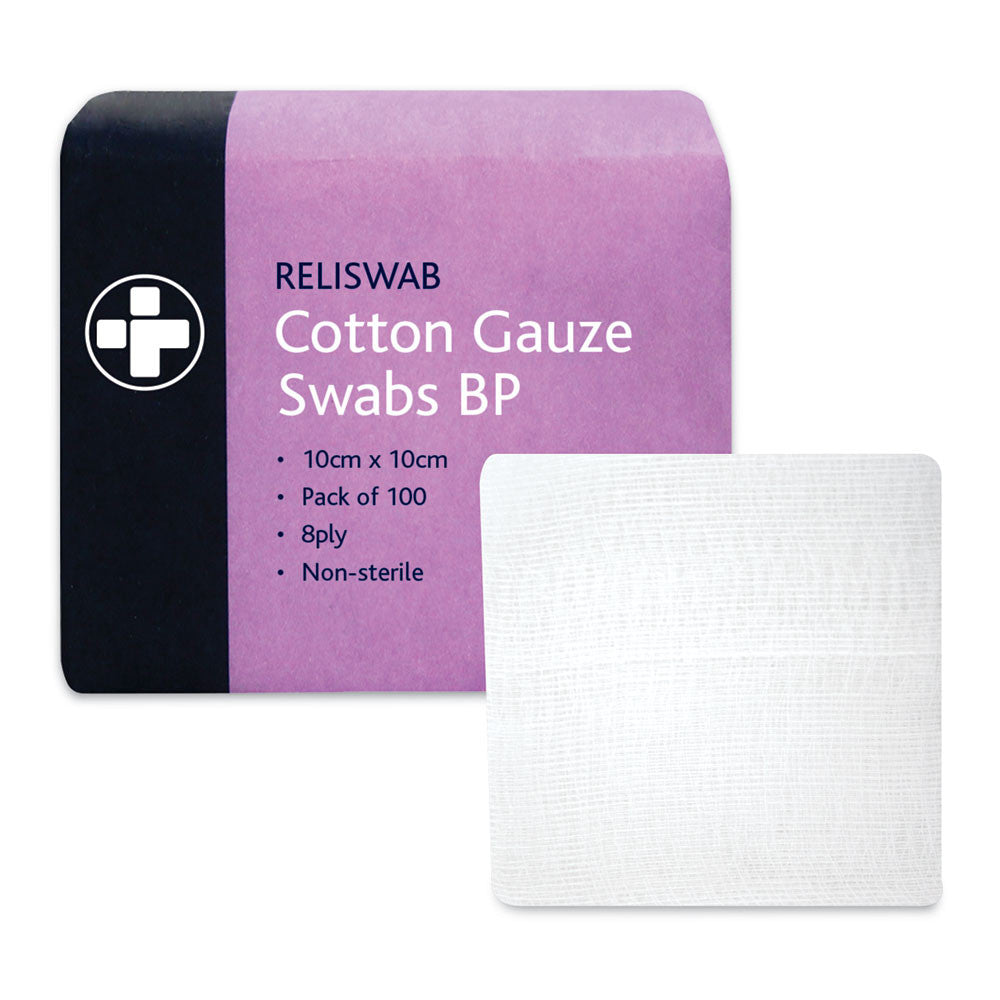 Reliswab Cotton Gauze Swabs BP – 8 Ply – 10cm x 10cm – Pack of 100