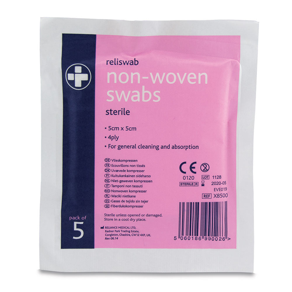 Reliswab Non-Woven Swabs – 4 Ply – 5cm x 5cm – Pack of 5