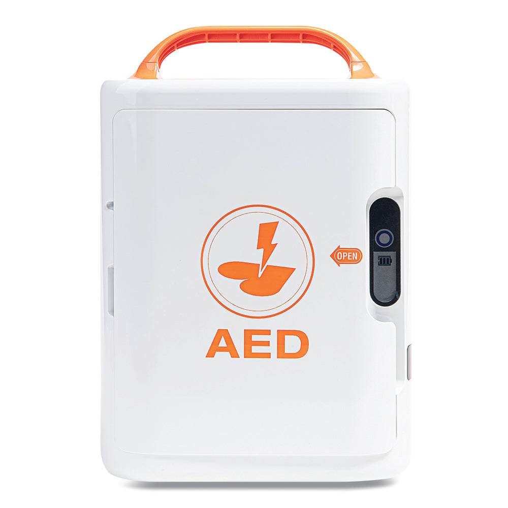 Mediana A16 Core HeartOn semi-automatic AED defibrillator unit with electrode pads and clear instructions, designed for emergency cardiac response and resuscitation.
