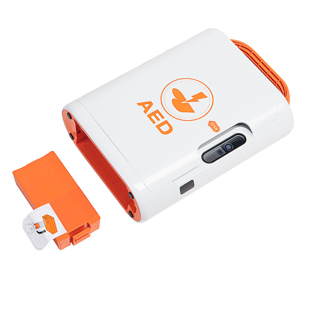 Mediana A16 Core HeartOn semi-automatic AED defibrillator unit with electrode pads and clear instructions, designed for emergency cardiac response and resuscitation.