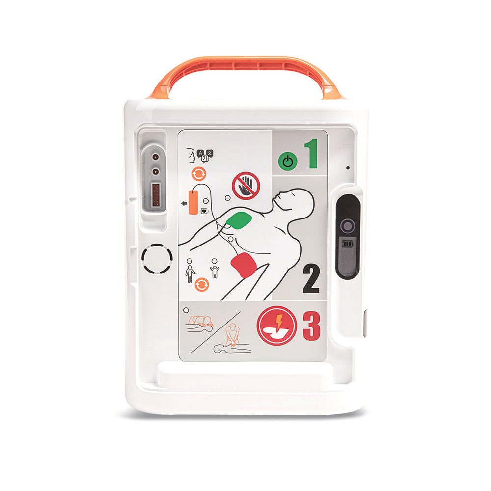 Mediana A16 Core HeartOn semi-automatic AED defibrillator unit with electrode pads and clear instructions, designed for emergency cardiac response and resuscitation.