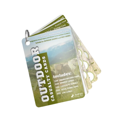 A6 Outdoor First Aid Casualty Cards on keychain. Designed to record injury and illness in outdoor emergencies and remote environments