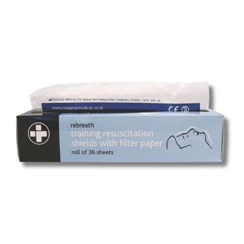 Rebreath CPR training resuscitation shields with filter paper, roll of 36 sheets for first aid and CPR training