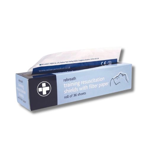 Rebreath CPR training resuscitation shields with filter paper, roll of 36 sheets for first aid and CPR training