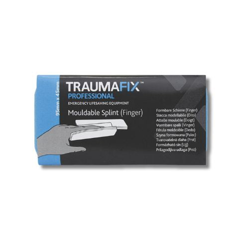 Traumafix mouldable finger splint shaped around a finger, showing secure support and immobilisation for finger injuries such as sprains and fractures.