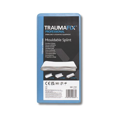 TraumaFix flat mouldable splint laid out straight, showing flexible design for cutting, shaping, and immobilising injuries across various body areas.
