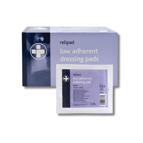 Relipad Low Adherent Dressing Pads - 10cm x 10cm - Box of 100 for minor first aid related wounds