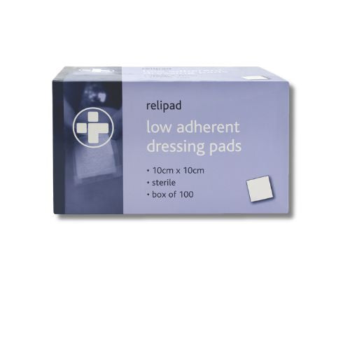 Relipad Low Adherent Dressing Pads - 10cm x 10cm - Box of 100 for minor first aid related wounds