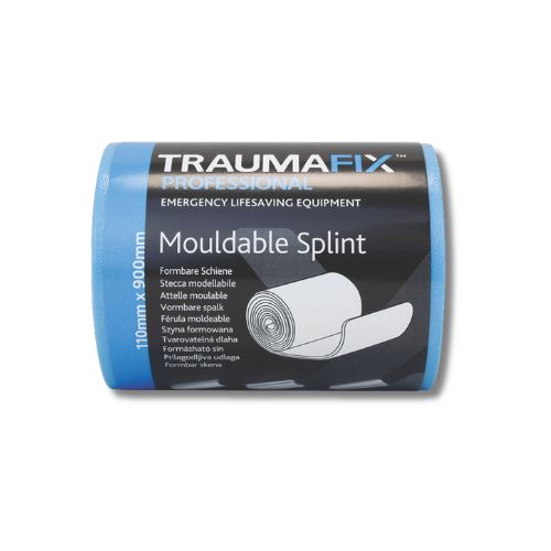 Traumafix professional mouldable splint rolled out flat, demonstrating flexible foam structure designed for cutting, shaping, and immobilising injuries on limbs and joints.