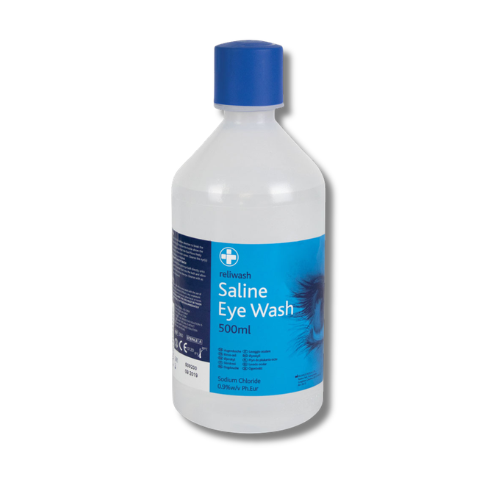 500ml bottle of Reliwash saline eye wash for eye irrigation and first aid use
