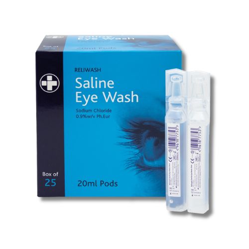 Box of 25 x 20ml Reliwash saline eye wash pods for cleaning debris from eyes