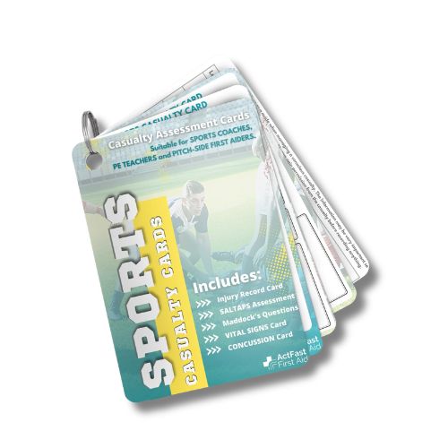 A6 Sports First Aid Casualty Cards on keychain with first aid for sports related injuries including SALTAPS and concussion