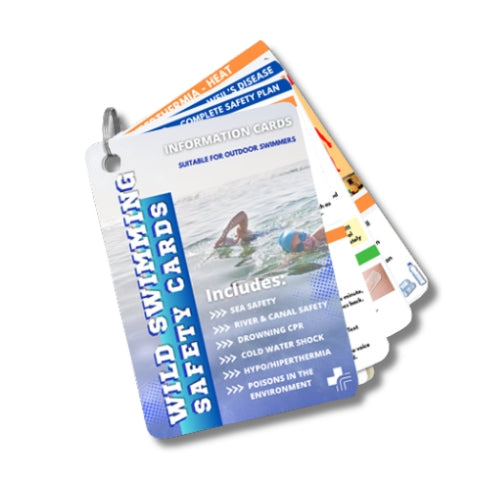 A6 laminated Wild Swimming Safety Cards covering cold water shock, CPR, hypothermia, tides & more. A practical gift for wild & outdoor swimmers.